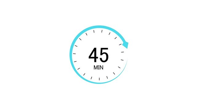 Clock countdown icon with blue circular timer on which 45 minutes displayed isolated on white background for efficiency and corporate templetes