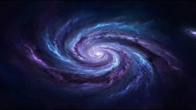 Spiral galaxy scene viewed from above with swirling arms in vivid purples and electric blues around a bright core in smooth seamless ethereal motion