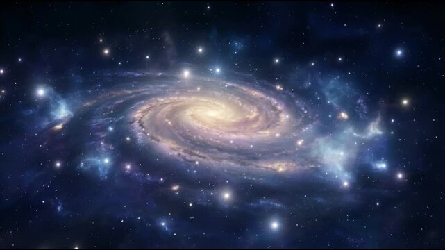 Spiral galaxy scene with a bright golden core surrounded by soft blue and violet gaseous arms in smooth seamless ethereal cosmic motion