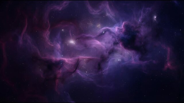 Deep space nebula scene with swirling purple and violet gas clouds interspersed with faint glowing stars in smooth seamless ethereal cosmic motion