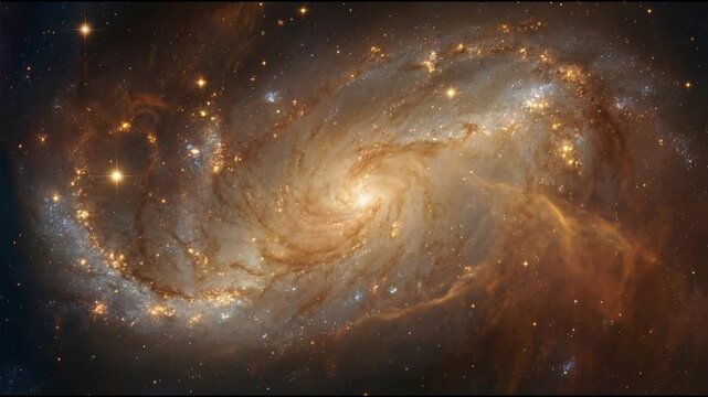 Golden spiral galaxy scene with swirling dust lanes, glowing star clusters, and bright central core in smooth seamless ethereal cosmic motion