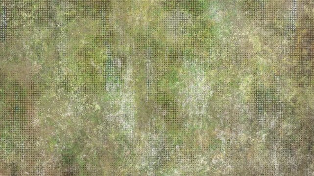 Abstract grunge texture, loopable distressed halftone grid background animation with green yellow brown tones