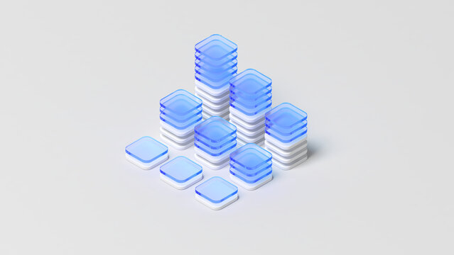 Abstract column chart. Solid and translucent. White and blue color. Glassmorphism. Copy space. Graph. 3d illustration.