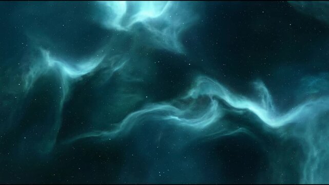 Cosmic nebula scene with flowing teal and cyan clouds and subtle drifting wisps in smooth seamless ethereal galactic motion
