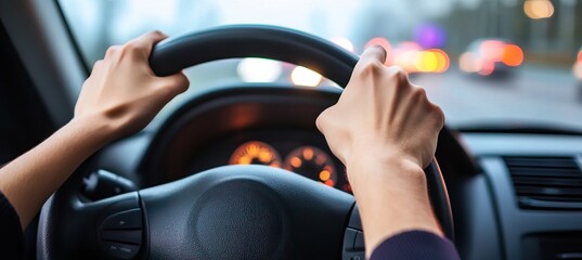 Naklejka premium A Driver s Perspective Captivating Stock Image of a Steering Wheel for Safe and Comfortable Rides