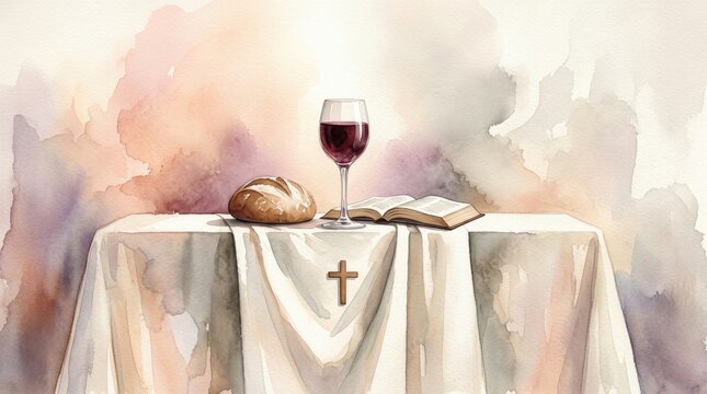 Eucharistic Symbols: Bible, Wine Glass and Bread on Table, Lord&rsquo;s Supper Concept, Digital Watercolor Painting