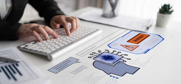 Cybersecurity concept featuring an AI detector scanning digital content for deepfakes and authenticity. Represents copyright protection, fake news prevention, and C2PA content credentials. Corpus