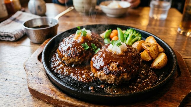 Sizzling Japanese Hamburg steak served on a hot iron plate with grated radish, gravy, and side vegetables in a restaurant.