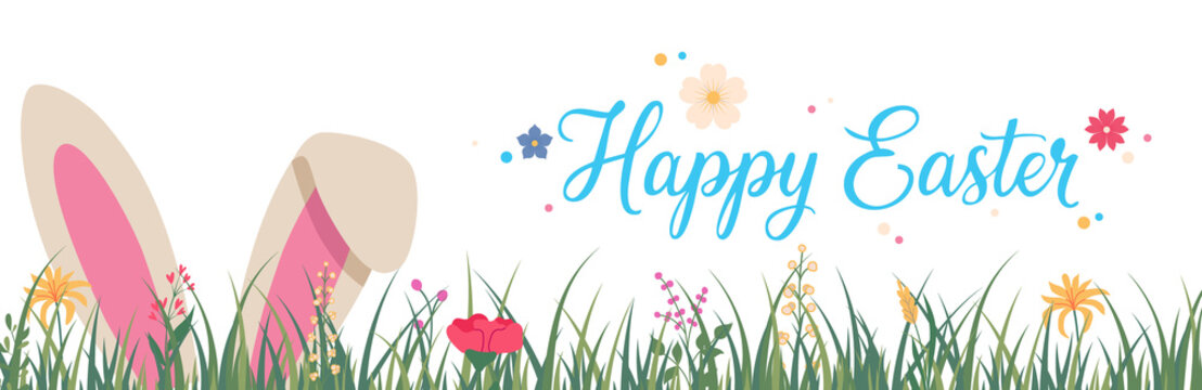 Horizontal banner with a rabbit's ears in fresh green grass and text Happy Easter. Spring floral card. Illustration on a transparent background