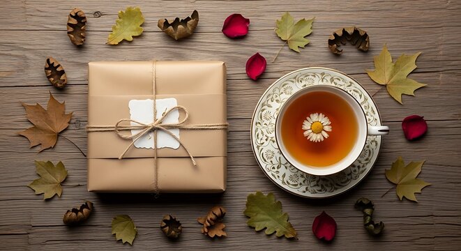 A rustic brown gift box tied with string next to a delicate cup of tea and autumn fallen leaves