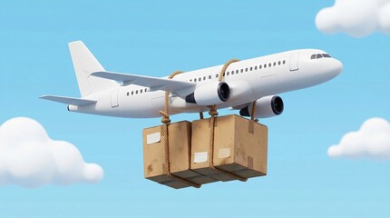 Fototapeta premium Global Freight Delivery: A modern airliner, symbolic of global connectivity, soars through a sunny sky, transporting cargo boxes to far-off destinations.