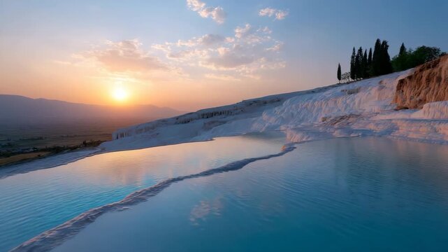 Sunset over pamukkale travertine terraces with reflective water pools