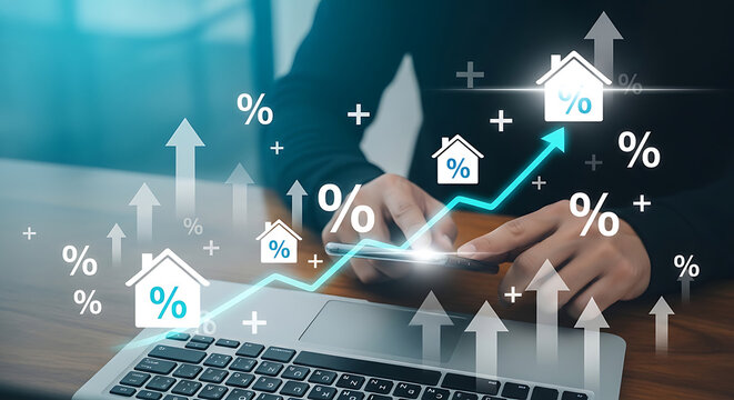 Person using smartphone and laptop with financial growth charts and house icons rising transparent background