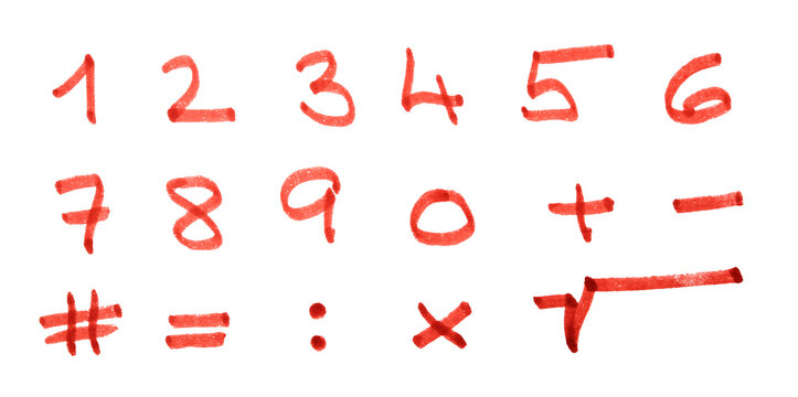  set of handwritten digits (0-9) and common mathematical symbols (plus, minus, equals, multiplication, hash, colon, and square root). Each character is drawn with a vibrant red marker 