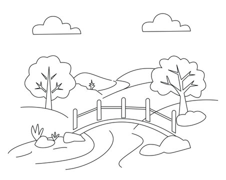 Landscape Drawing of a Scenic Natural Park with a Bridge and Trees