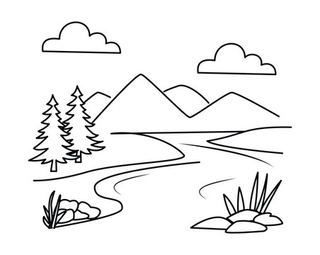 Landscape outline drawing featuring a scenic view of mountains a winding river and pine trees under a clear sky