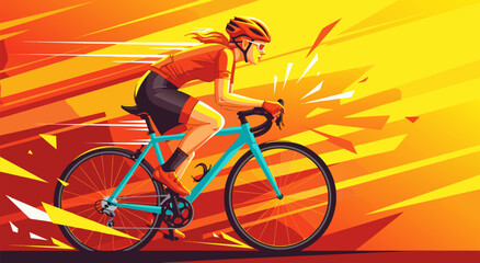 Fototapeta premium Dynamic vector illustration of a female cyclist in full stride, showcasing speed and determination with vibrant energy lines