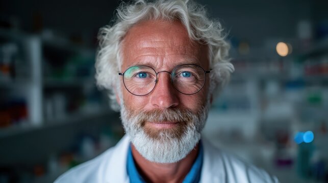 This image features a confident elderly doctor with curly hair, glasses, and a smile, conveying trust and professionalism in a clean medical environment filled with supplies.