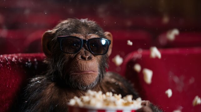 A playful monkey wearing glasses is sitting in a cinema, indulging in popcorn while enjoying an entertaining movie, surrounded by a warm theater ambiance.