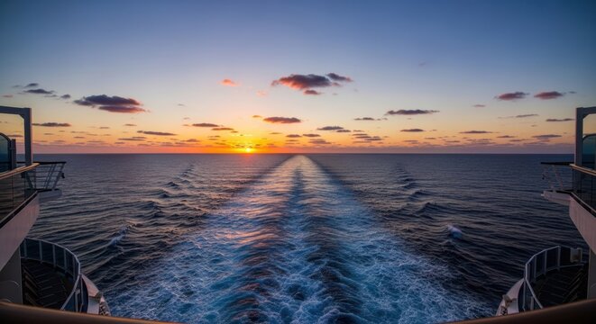 A panoramic view of the ocean at sunset, with a ship leaving a trail of white foam in its wake.