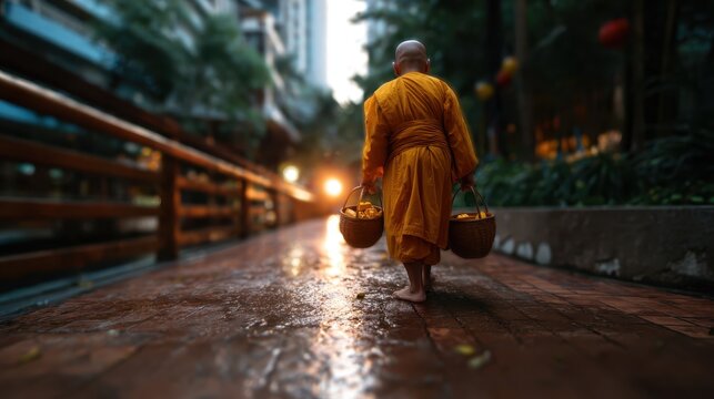 A serene image of a monk dressed in traditional attire walking barefoot through a vibrant urban setting, carrying baskets, symbolizing simplicity and mindfulness in daily life.