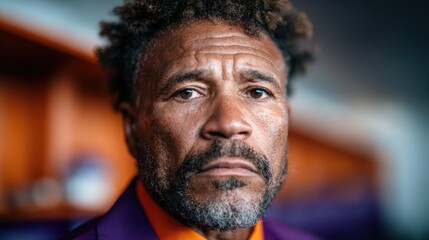 Fototapeta premium A close-up portrait of a man with an intense expression, showcasing intricate facial details, and complemented by a vibrant purple suit that grabs attention for its boldness.