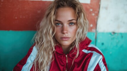 Naklejka premium An intimate portrait of a young woman with wavy hair and captivating blue eyes, set against a colorfully textured background that reflects her bold personality.