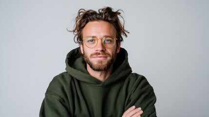 Fototapeta premium A stylish bearded man wearing a green hoodie poses with crossed arms against a neutral background, showcasing a look of confidence and introspection suitable for modern life.