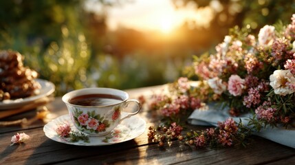 Fototapeta premium A beautiful floral tea cup filled with tea is surrounded by delicate flowers and pastries, creating a serene setting that captures the essence of relaxation and nature's beauty.