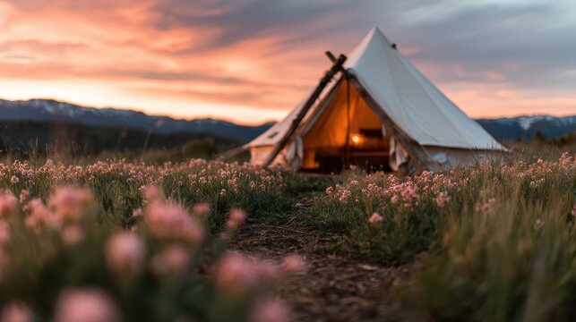 A lovely glamping tent is nestled in a field of blooming flowers while the sun sets, creating a magical atmosphere perfect for relaxation and enjoying nature's beauty.