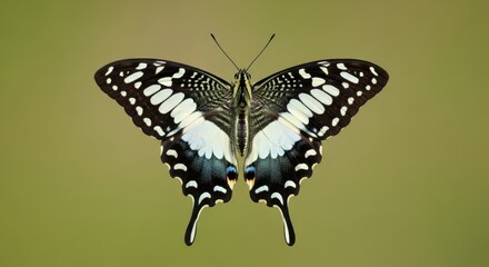 Fototapeta premium A black and white butterfly with intricate patterns on its wings, perched on a green leaf against a blurred background of trees and foliage.