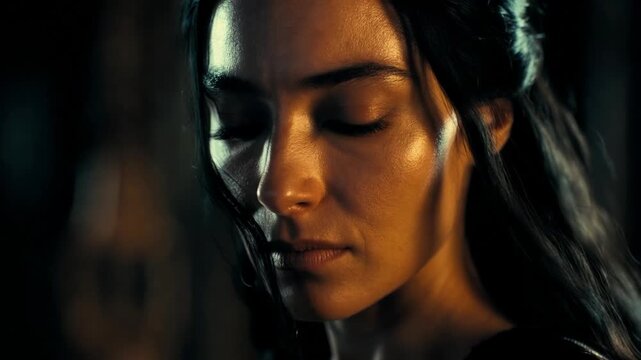 Close-up of a woman smiling softly, captured in cinematic style against a dark background, expressing warmth and calm