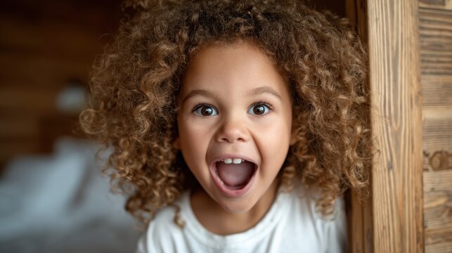 An excited young girl with curly hair peeks out from behind a wooden door, expressing pure joy and curiosity, embodying the innocence and excitement of childhood in a cozy home environment.
