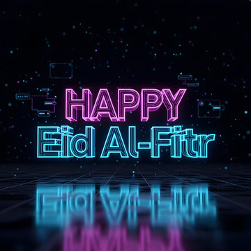 Futuristic 3D neon Happy eid-al Fitr typography with blue and magenta lights on glass stage