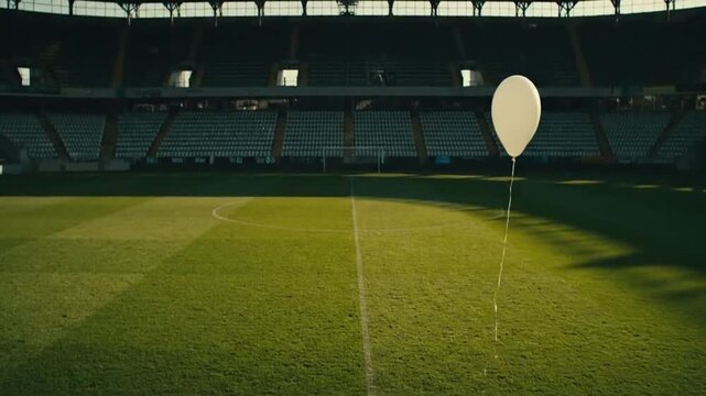 A solitary white balloon drifts slowly across an empty stadium field under soft sunlight, symbolizing freedom or memory.