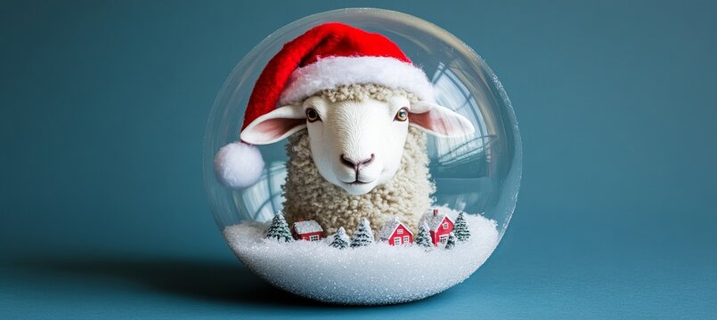 Charming Christmas Glass Globe Featuring Adorable Lamb in Santa Hat Amidst Winter Village Scene