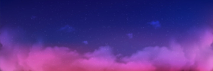 Fototapeta premium Dreamy gradient backdrop with pastel clouds floating across twilight atmosphere. Sparkling stars illuminate soft color transitions creating magical fantasy scene with gentle bokeh effects.
