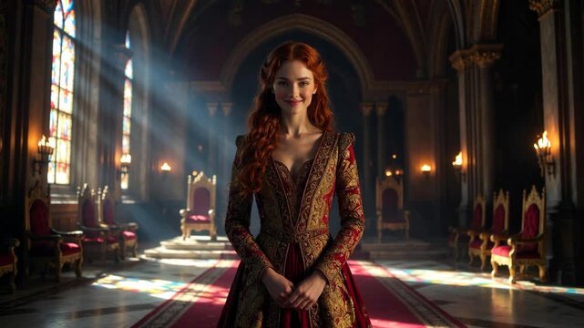 A noblewoman in ornate medieval gown in a grand palace hall with light on an opulent interior background, concept of royalty