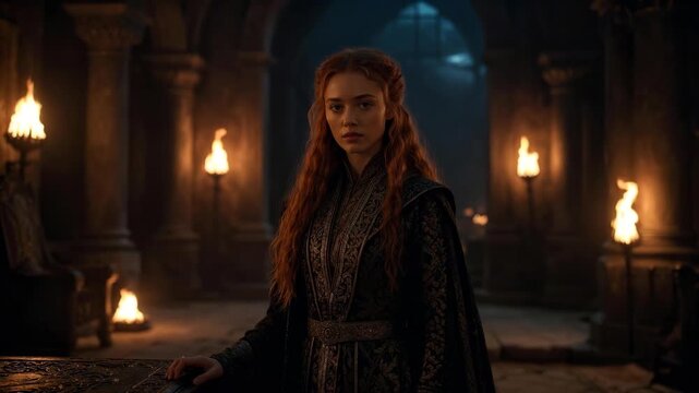 Young woman in medieval attire in a cinematic style against a torchlit stone hall, evoking mystery and fantasy concept