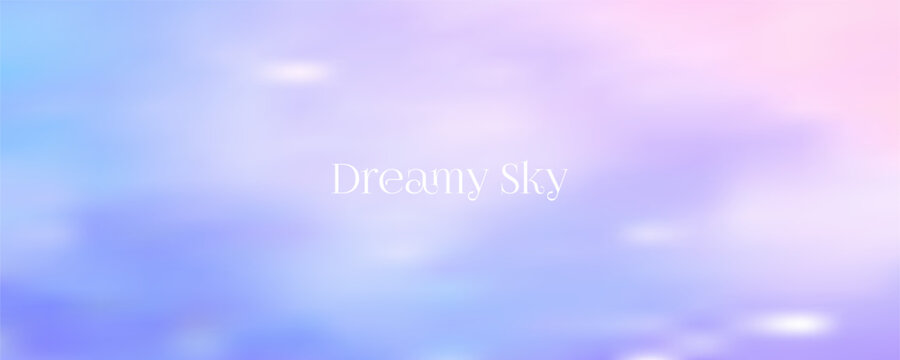 Fluffy cloud formations in pastel purple and blue hues. Soft gradient sky backdrop with dreamy sunset colors blending seamlessly into ethereal cloud patterns. Vector Illustration.