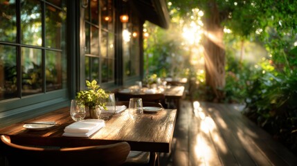 Fototapeta premium A charming restaurant with beautifully set tables surrounded by lush greenery, bathed in soft sunlight, inviting guests to enjoy a meal in nature.