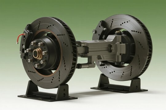 Dual disc brake assembly with calipers and rotors on display stand