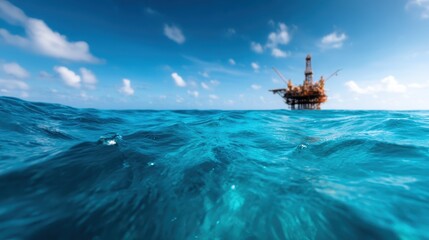 Fototapeta premium A serene image of an oil rig emerging from a clear ocean under a bright blue sky, symbolizing industry and the relationship between nature and human innovation.