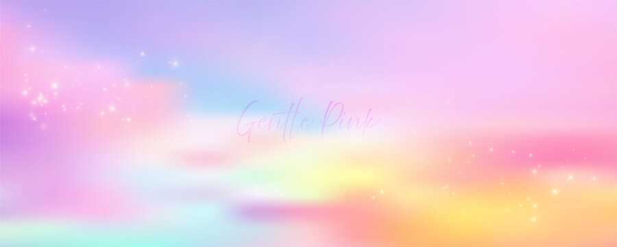 Pastel pink gradient sky with fluffy clouds and glitter stars creates dreamy sunset backdrop. Soft rainbow hues blend beautifully in this abstract evening sky illustration.