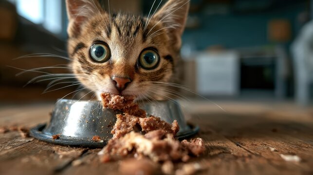 An adorable kitten eagerly devouring its meal from a bowl, showcasing an intimate moment of joy and contentment in the comfort of its familiar surroundings.