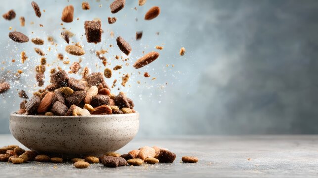 A captivating bowl filled with a variety of snacks, showcasing pieces mid-air in an explosion of flavor and texture, highlighting the joy of snacking visually.