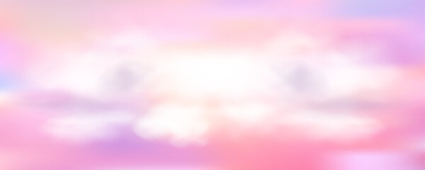 Obraz premium Pastel gradient sky background with fluffy pink clouds at sunset, soft rainbow hues blending into purple twilight, dreamy evening atmosphere perfect for spring designs. Vector Illustration.