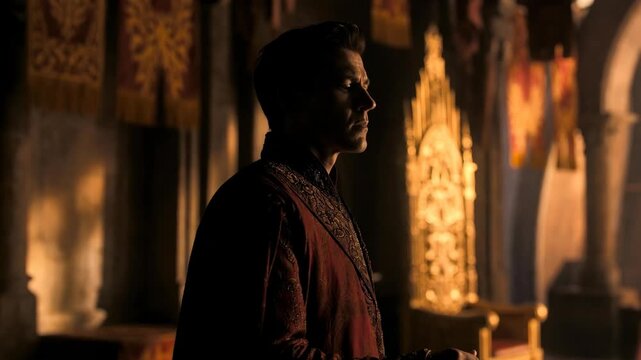 A robed figure in dim medieval interior, cinematic style, on warm blurred hall background, conveying solitude and power