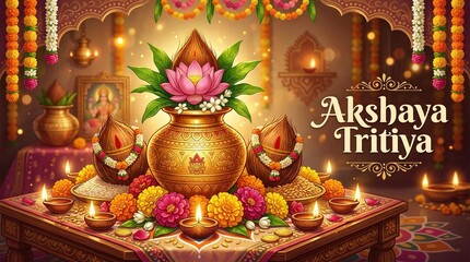 Fototapeta premium Akshaya Tritiya Celebration with Kalash, Diyas, and Floral Festive Decorations..