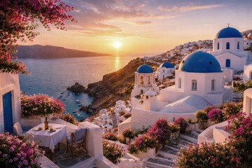 Obraz premium A stunning sunset view of Oia, Santorini, featuring iconic white-washed buildings with vibrant blue domes overlooking the Aegean Sea. The scene is framed by blooming pink bougainvillea, with a cozy di